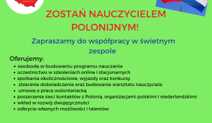 Nauczyciel szkoły polonijnej , wolontariat 2 razy w miesiącu ( sobota) 