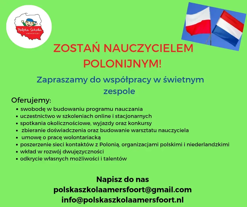 Nauczyciel szkoły polonijnej , wolontariat 2 razy w miesiącu ( sobota) 