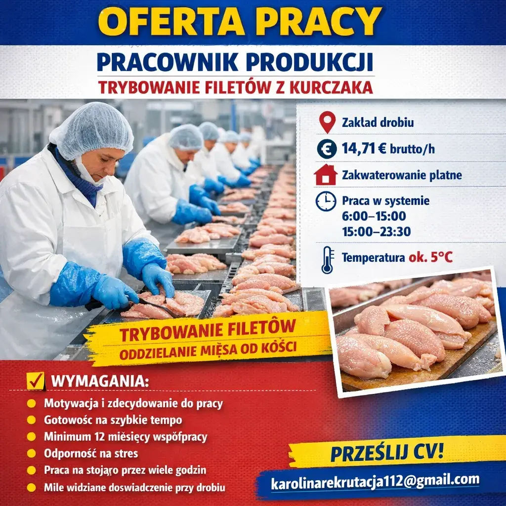 PRACOWNIK PRODUKCJI (TRYBOWANIE FILETÓW Z KURCZAKA) | Ommel | €14.71
